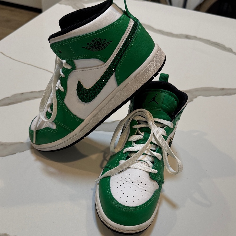 Kids Air Jordan Bedazzeld Green and White Sneakers Y3